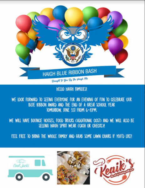 Blue Ribbon Bash Reminder, tomorrow June 1st, 6:00pm-8:00pm