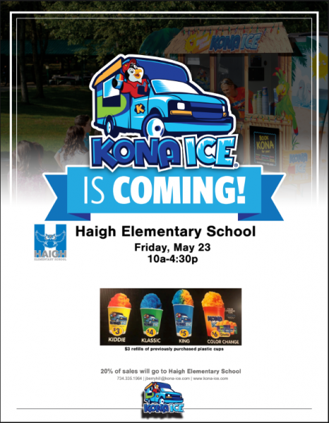 Kona Ice at Haigh Tomorrow!