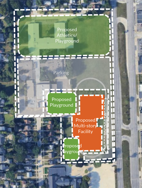 A graphic showing where the new Haigh-Bryant School would be built on the current Byrant property.