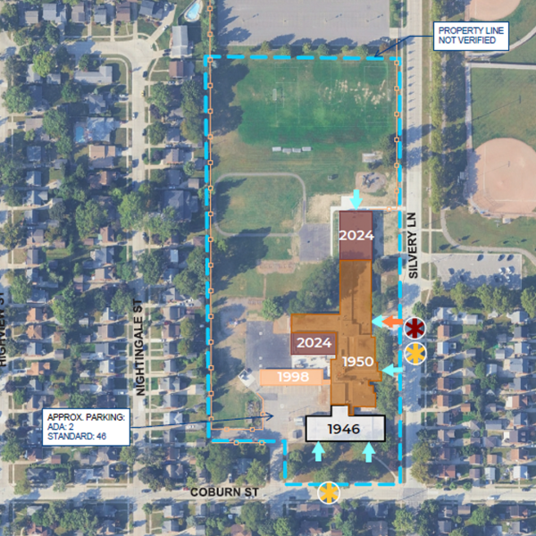 A graphic showing when different parts of Haigh Elementary School were constructed including 1946, 1950, 1998 and 2024.
